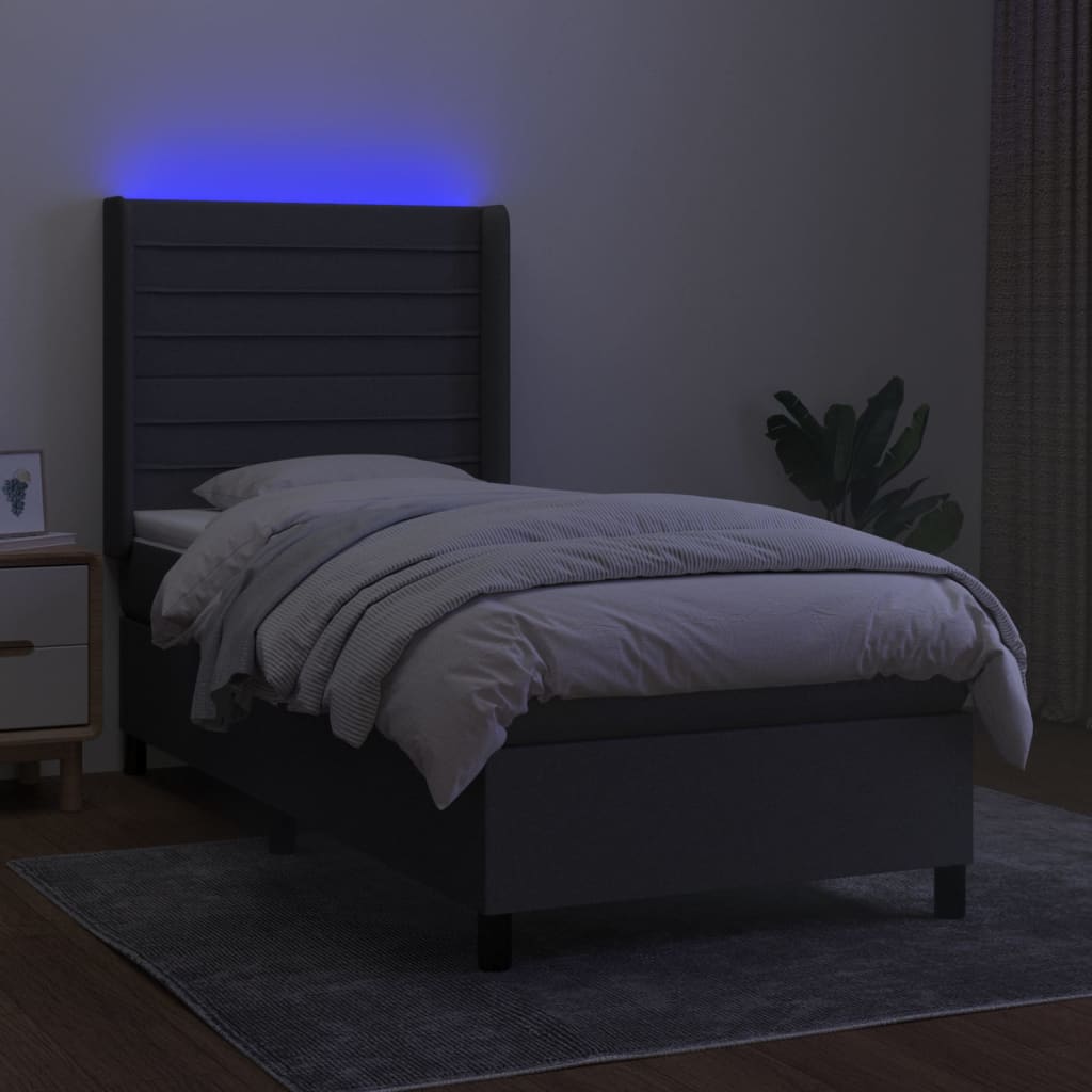 sötétszürke szövet rugós és LED-es ágy matraccal 90x190 cm