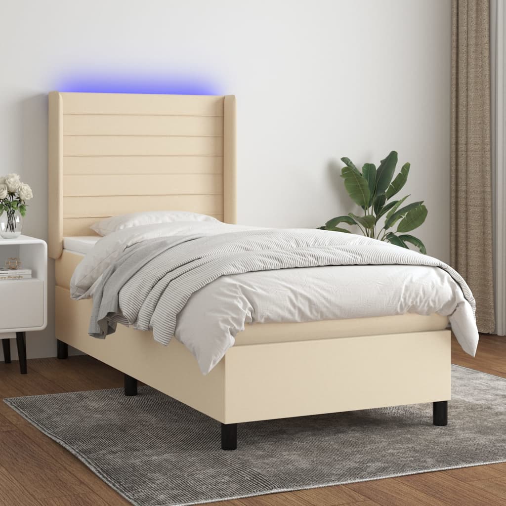 krémszínű szövet rugós és LED-es ágy matraccal 90x190 cm