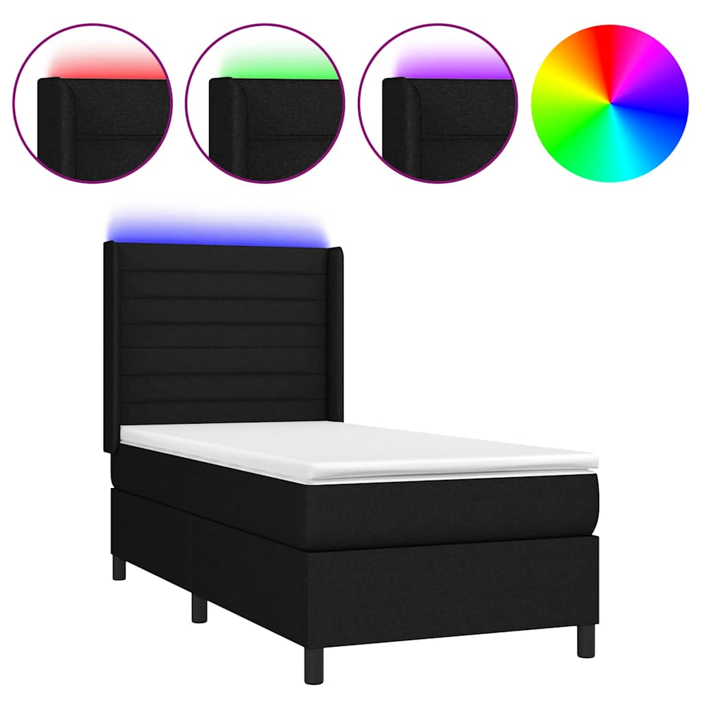fekete szövet rugós és LED-es ágy matraccal 90x200 cm