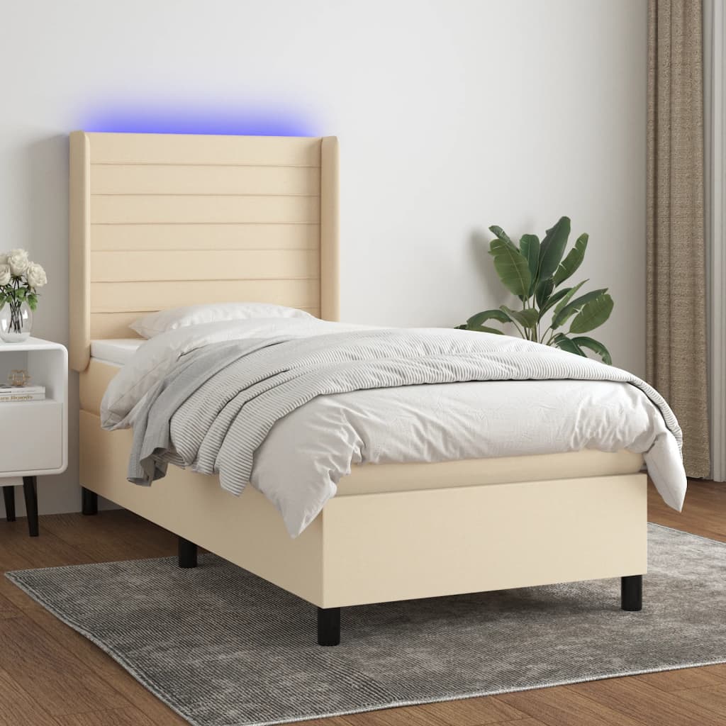 krémszínű szövet rugós és LED-es ágy matraccal 90x200 cm