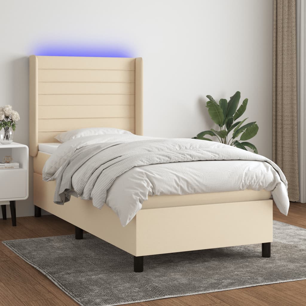 krémszínű szövet rugós és LED-es ágy matraccal 100x200 cm