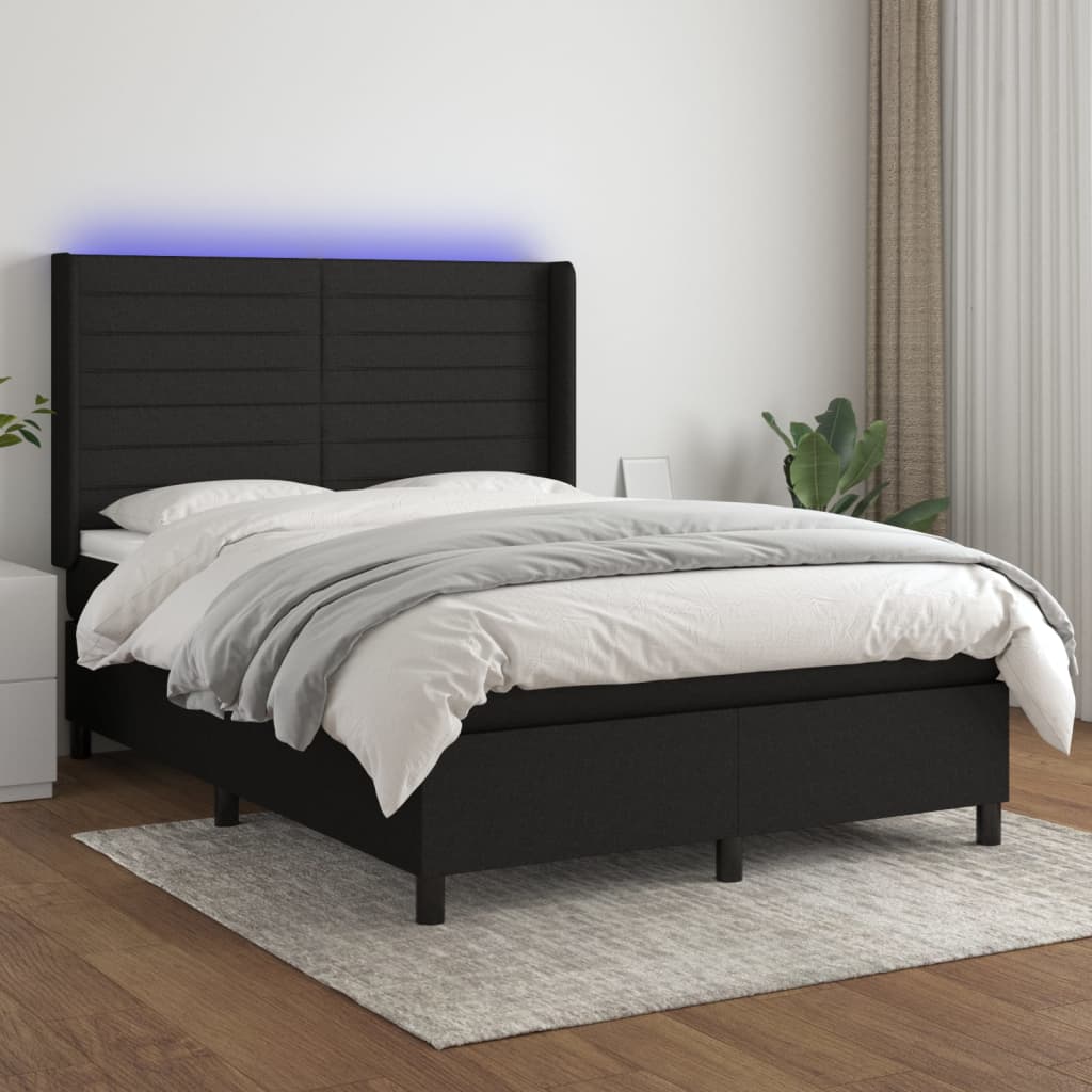 fekete szövet rugós és LED-es ágy matraccal 140x200 cm