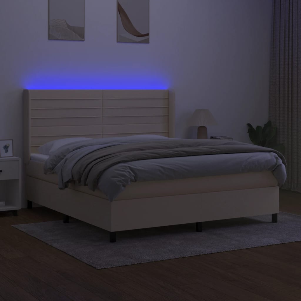 krémszínű szövet rugós és LED-es ágy matraccal 160x200 cm