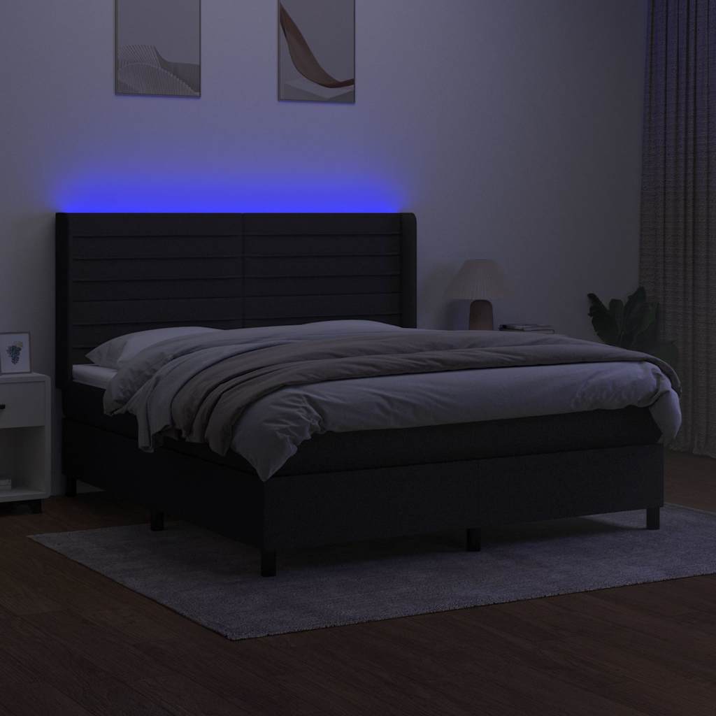 fekete szövet rugós és LED-es ágy matraccal 180 x 200 cm