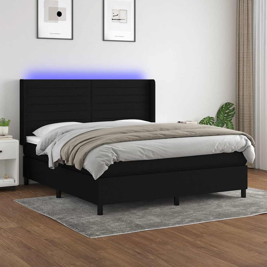 fekete szövet rugós és LED-es ágy matraccal 180 x 200 cm