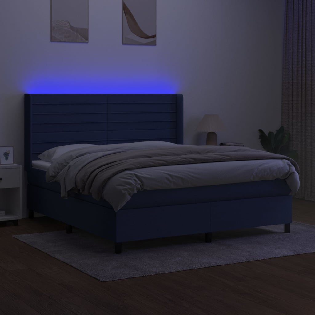 kék szövet rugós és LED-es ágy matraccal 180 x 200 cm