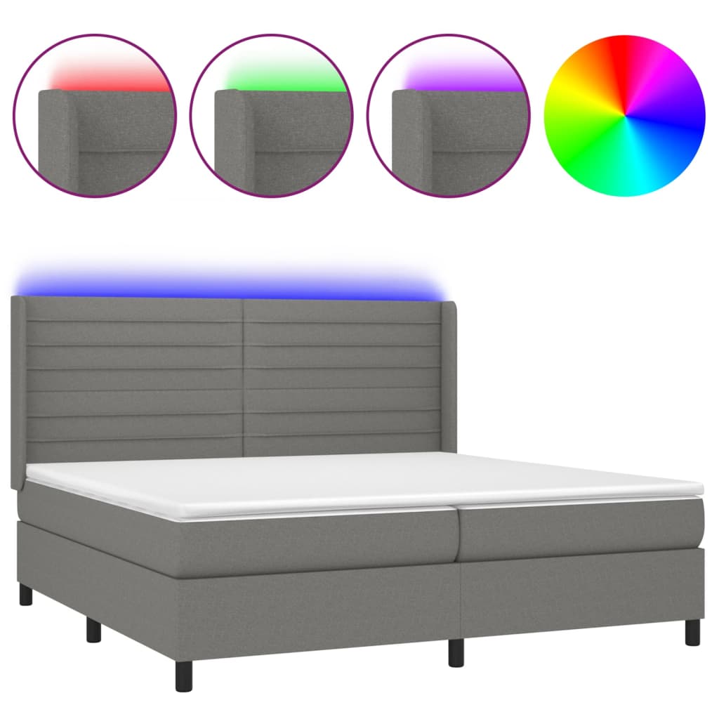sötétszürke szövet rugós és LED-es ágy matraccal 200x200 cm