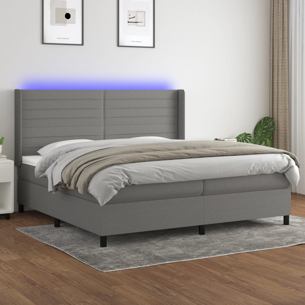 sötétszürke szövet rugós és LED-es ágy matraccal 200x200 cm