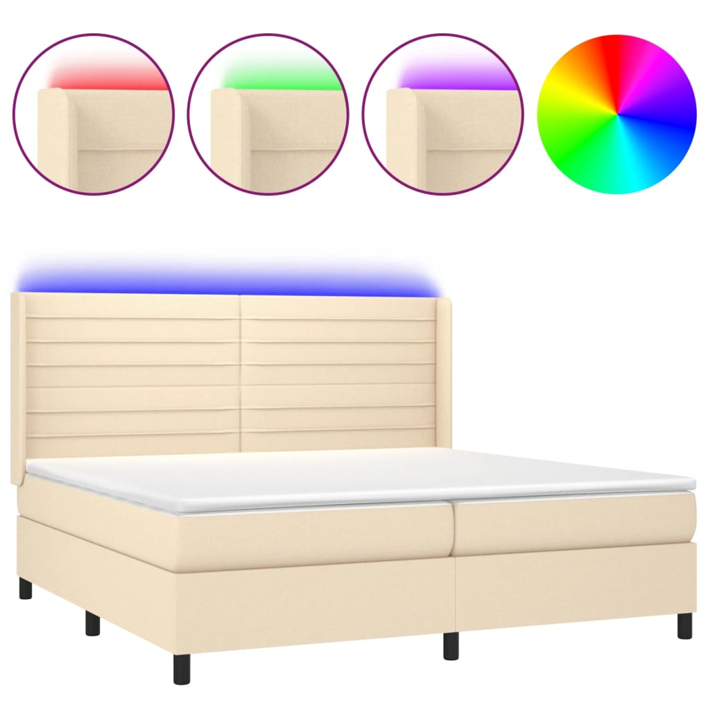krémszínű szövet rugós és LED-es ágy matraccal 200 x 200 cm