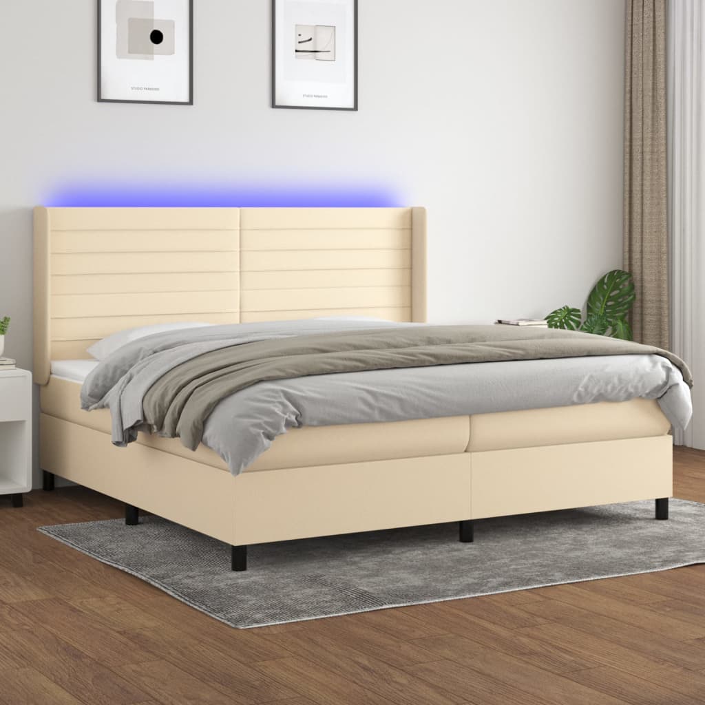 krémszínű szövet rugós és LED-es ágy matraccal 200 x 200 cm