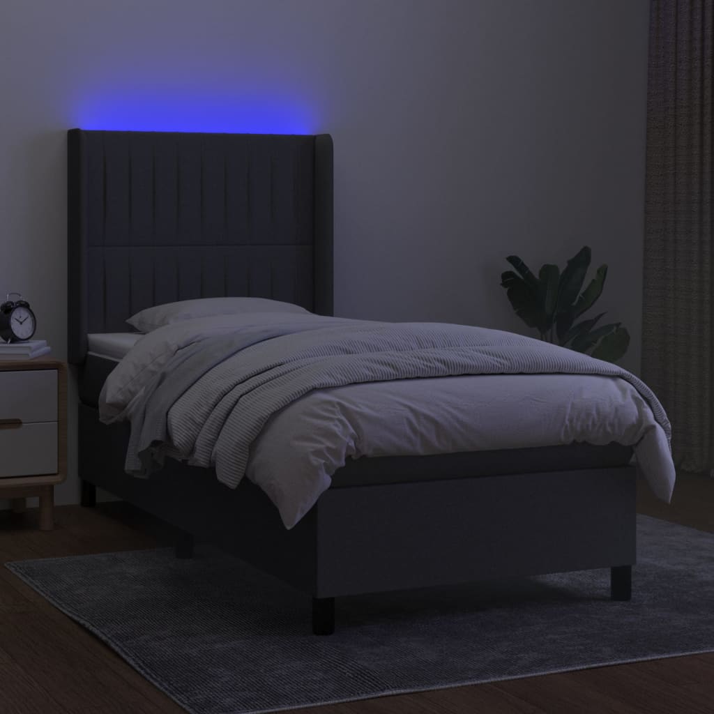 sötétszürke szövet rugós és LED-es ágy matraccal 80 x 200 cm