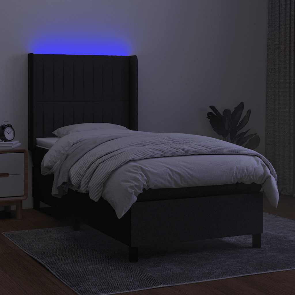 fekete szövet rugós és LED-es ágy matraccal 80 x 200 cm