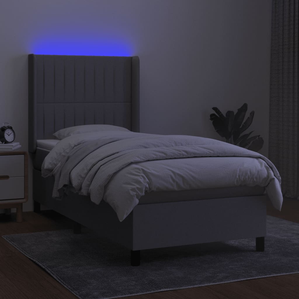 világosszürke szövet rugós és LED-es ágy matraccal 90x190 cm