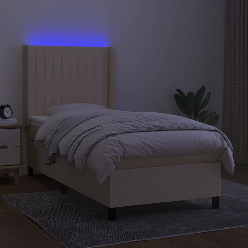 krémszínű szövet rugós és LED-es ágy matraccal 90x190 cm