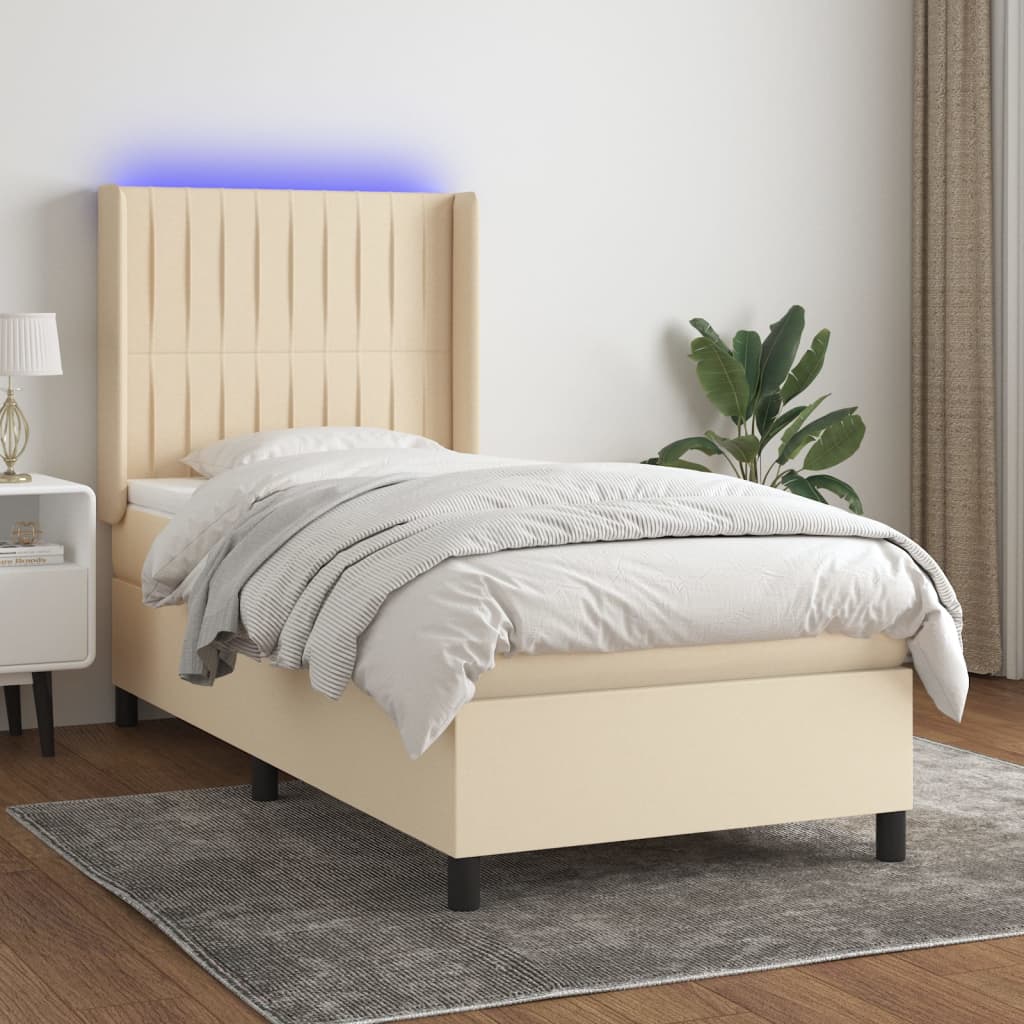 krémszínű szövet rugós és LED-es ágy matraccal 90x190 cm