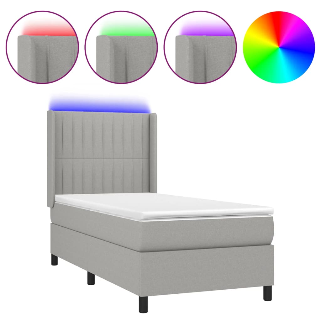 világosszürke szövet rugós és LED-es ágy matraccal 90x200 cm