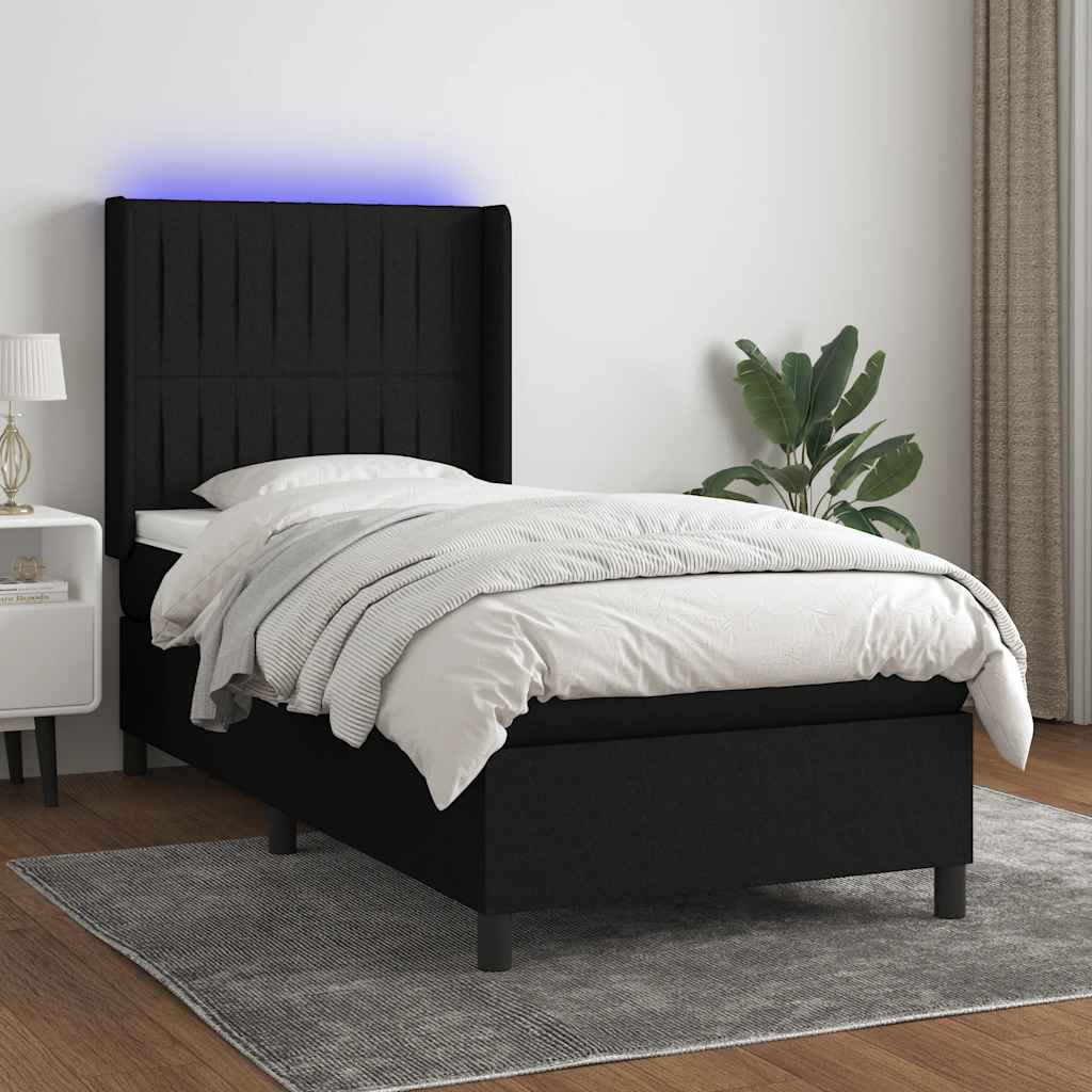 fekete szövet rugós és LED-es ágy matraccal 90x200 cm