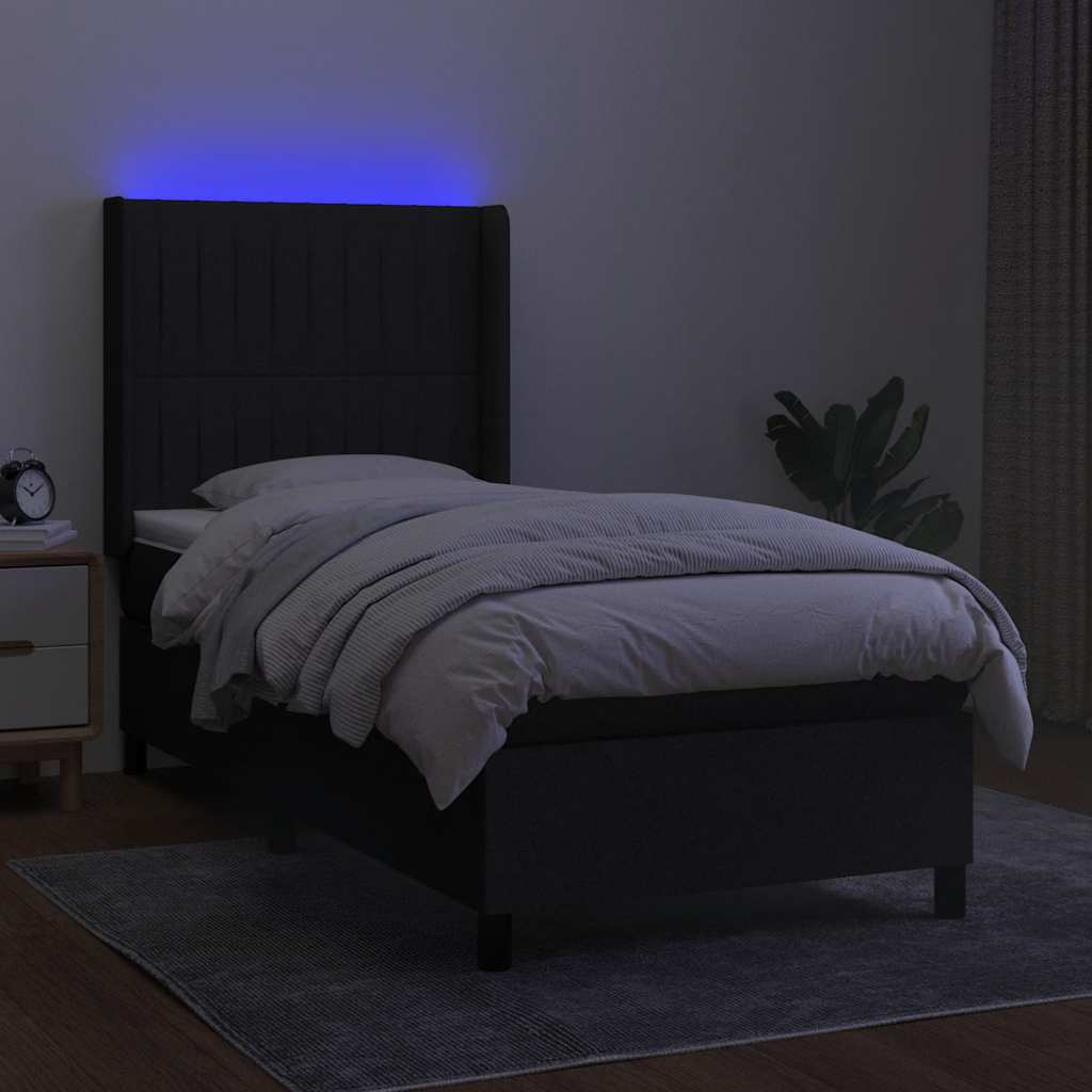 fekete szövet rugós és LED-es ágy matraccal 100x200 cm