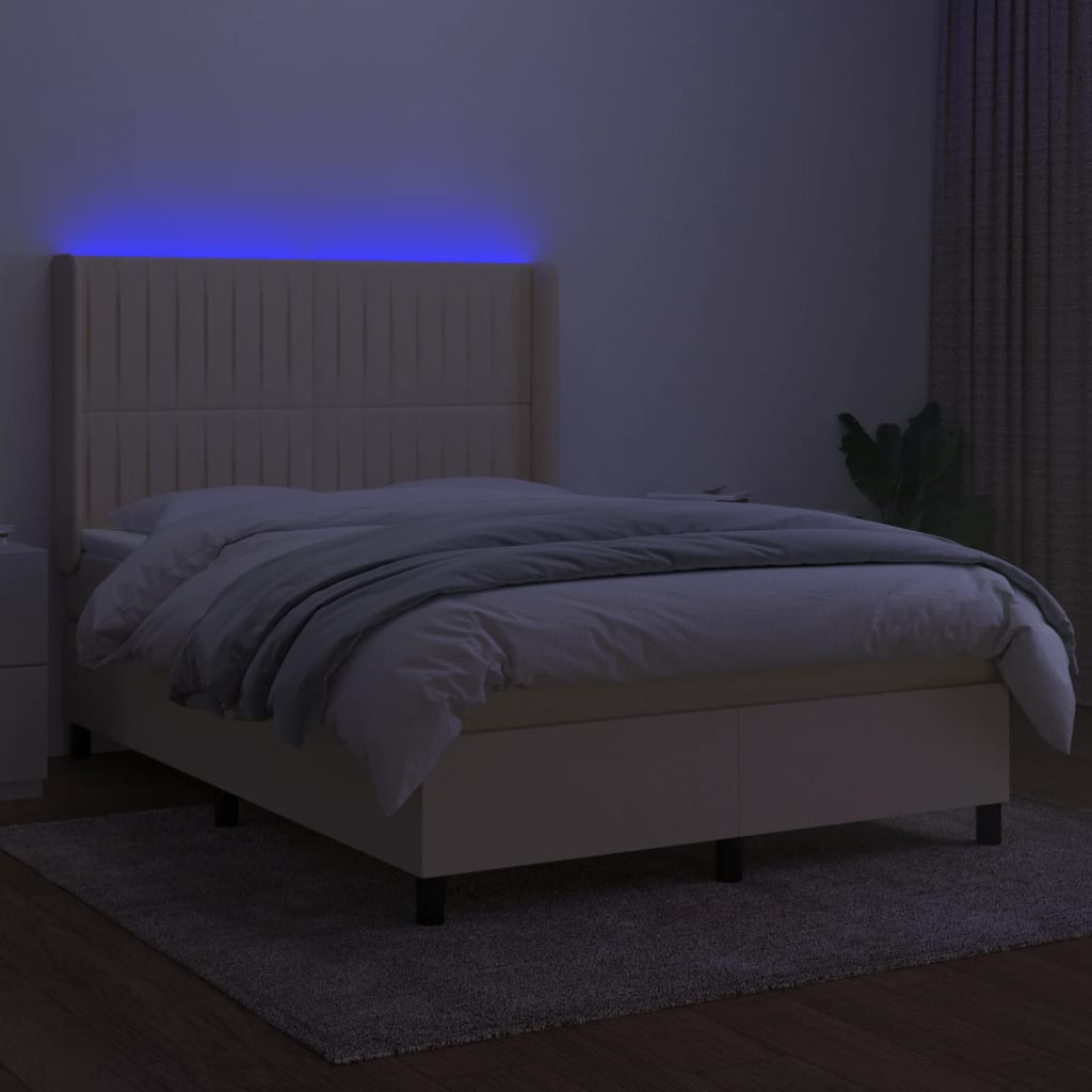 krémszínű szövet rugós és LED-es ágy matraccal 140x200 cm