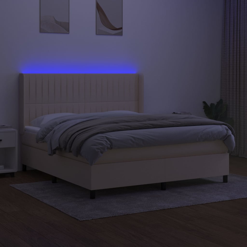 krémszínű szövet rugós és LED-es ágy matraccal 160x200 cm