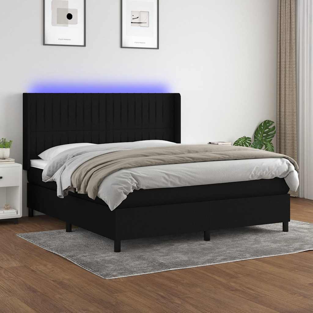 fekete szövet rugós és LED-es ágy matraccal 180 x 200 cm