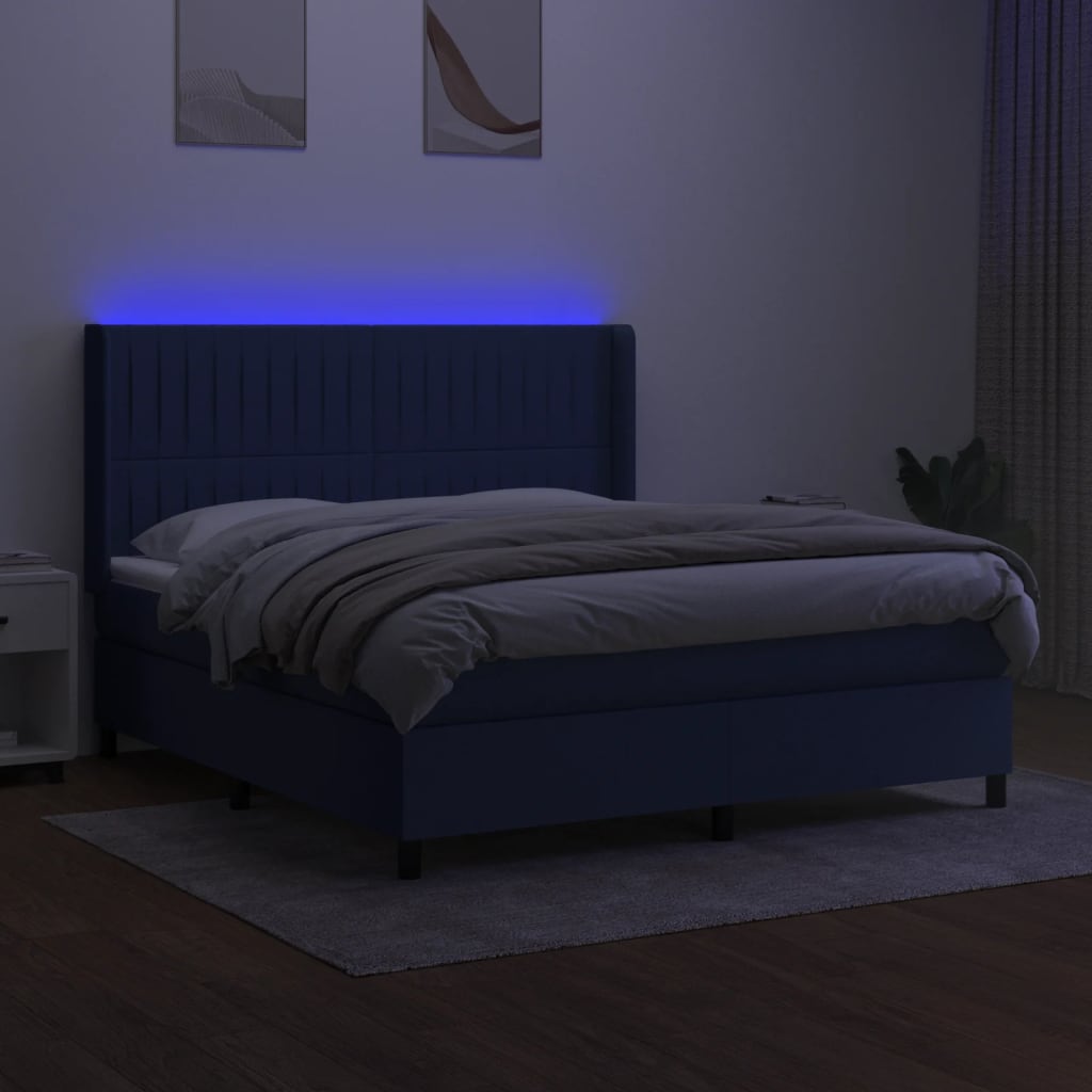 kék szövet rugós és LED-es ágy matraccal 180 x 200 cm