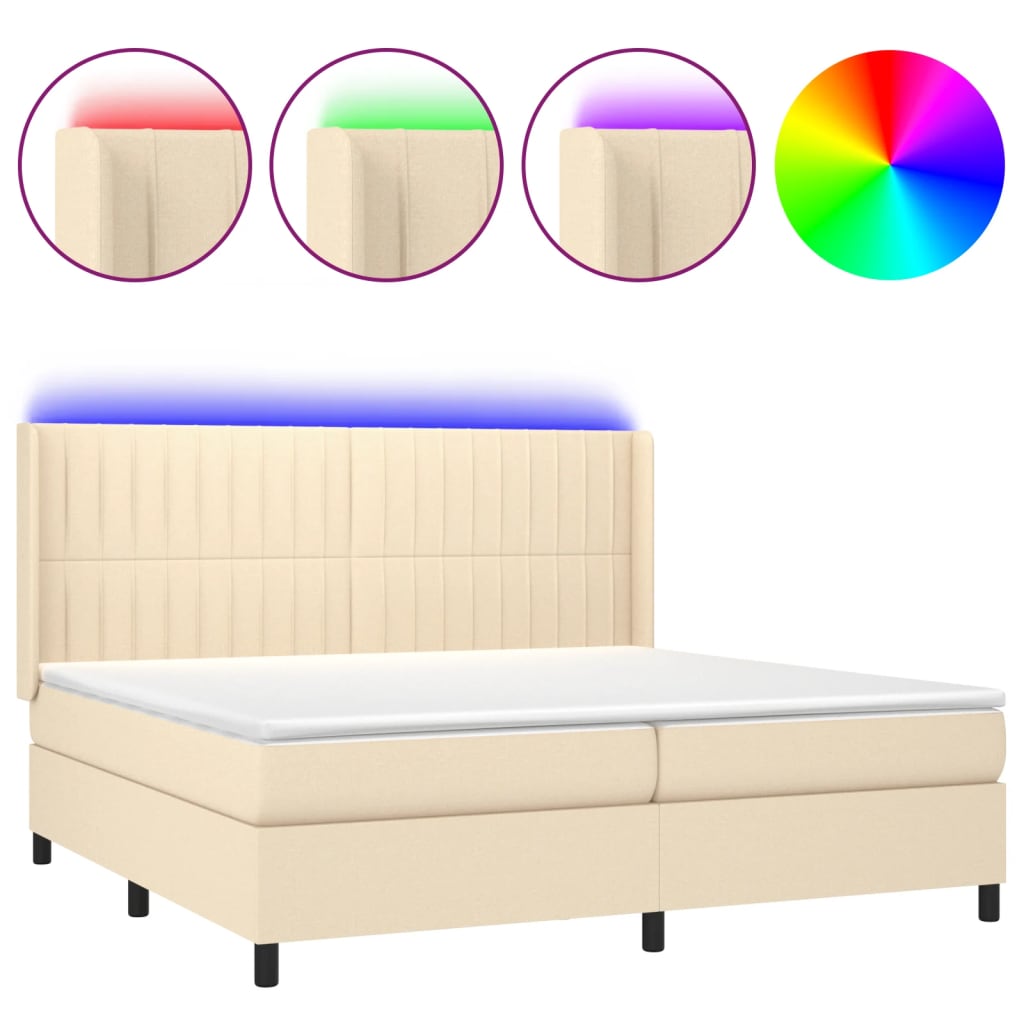 krémszínű szövet rugós és LED-es ágy matraccal 200 x 200 cm