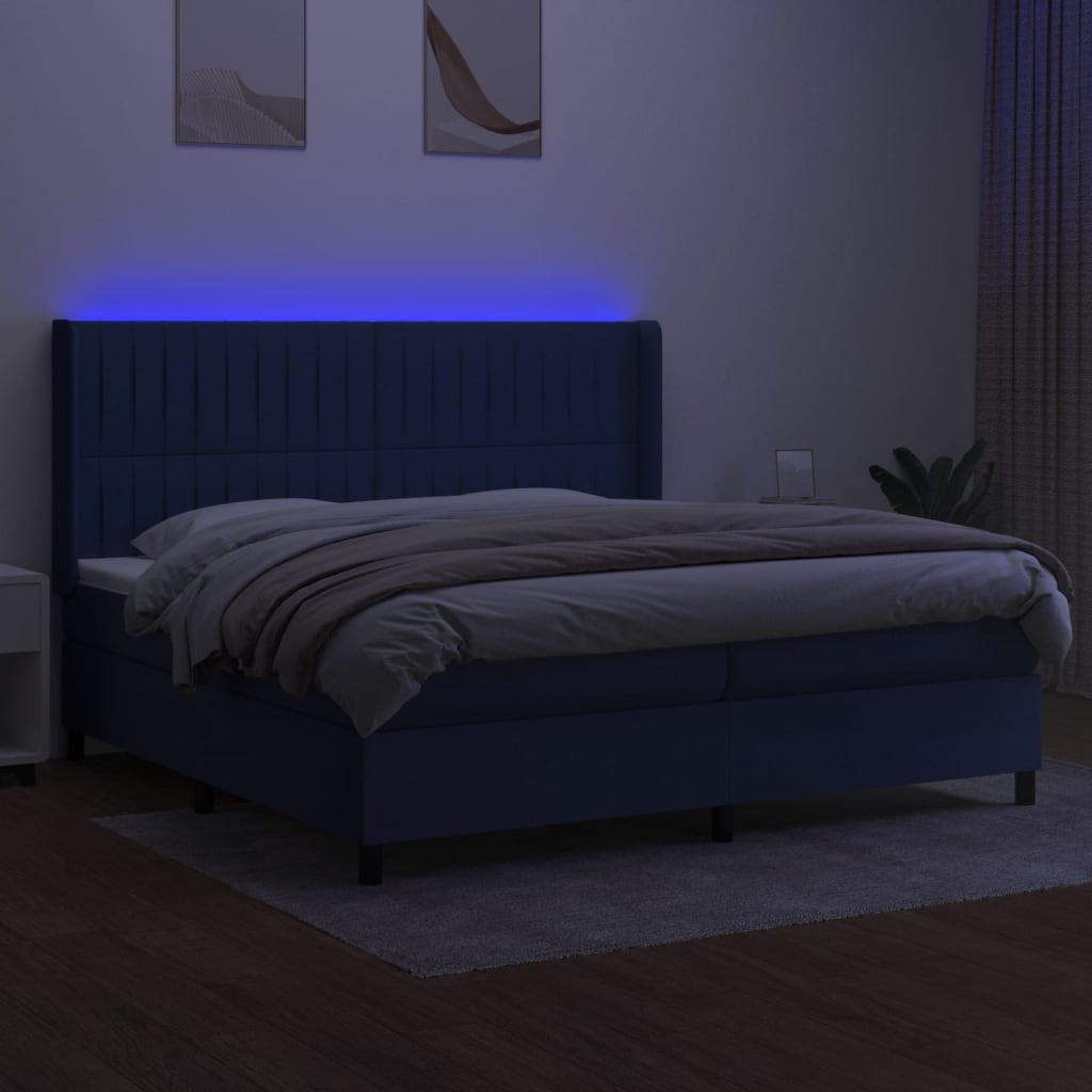 kék szövet rugós és LED-es ágy matraccal 200 x 200 cm