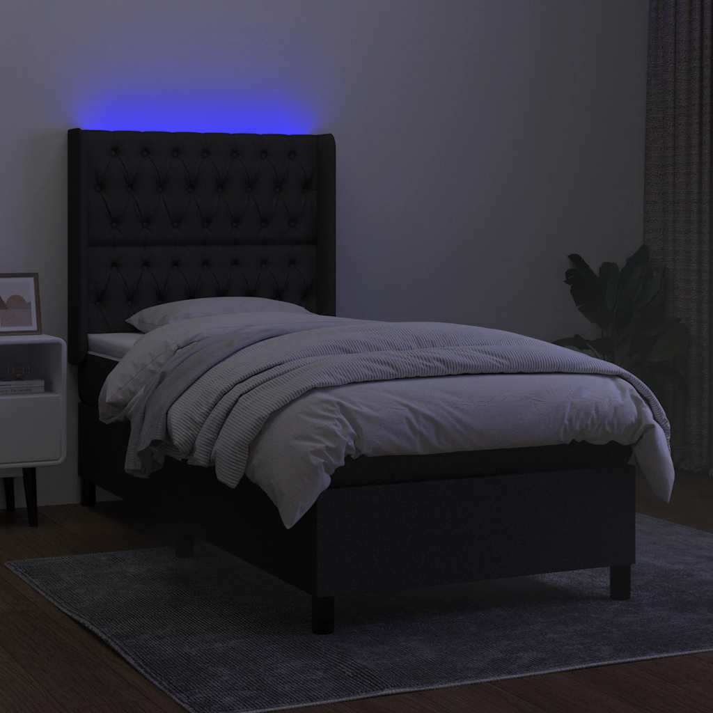 fekete szövet rugós és LED-es ágy matraccal 80 x 200 cm