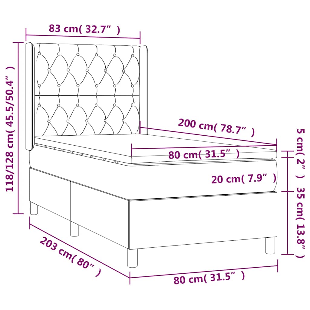 fekete szövet rugós és LED-es ágy matraccal 80 x 200 cm