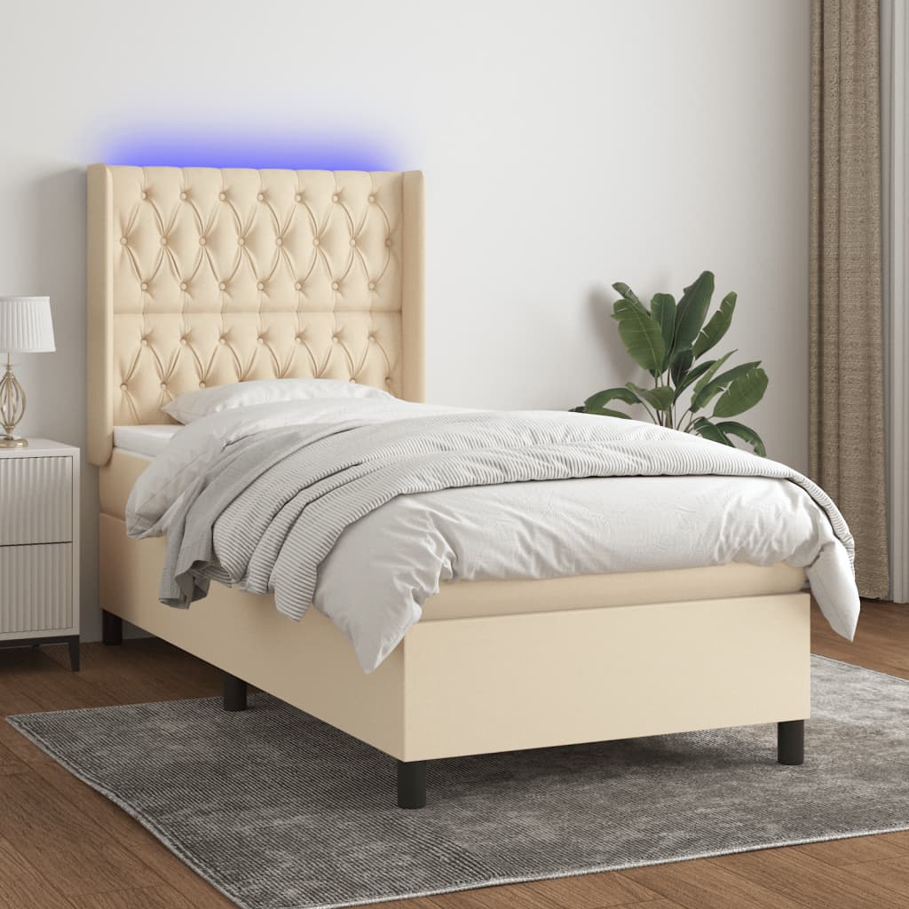 krémszínű szövet rugós és LED-es ágy matraccal 90x190 cm