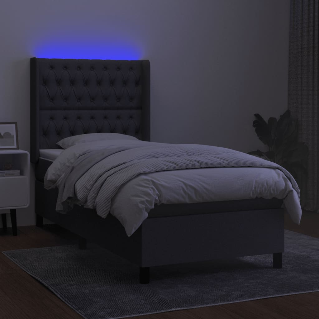 sötétszürke szövet rugós és LED-es ágy matraccal 90x200 cm