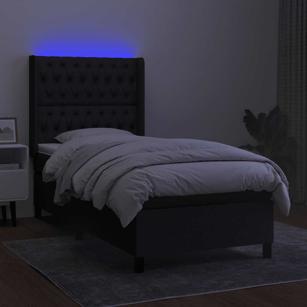 fekete szövet rugós és LED-es ágy matraccal 90x200 cm