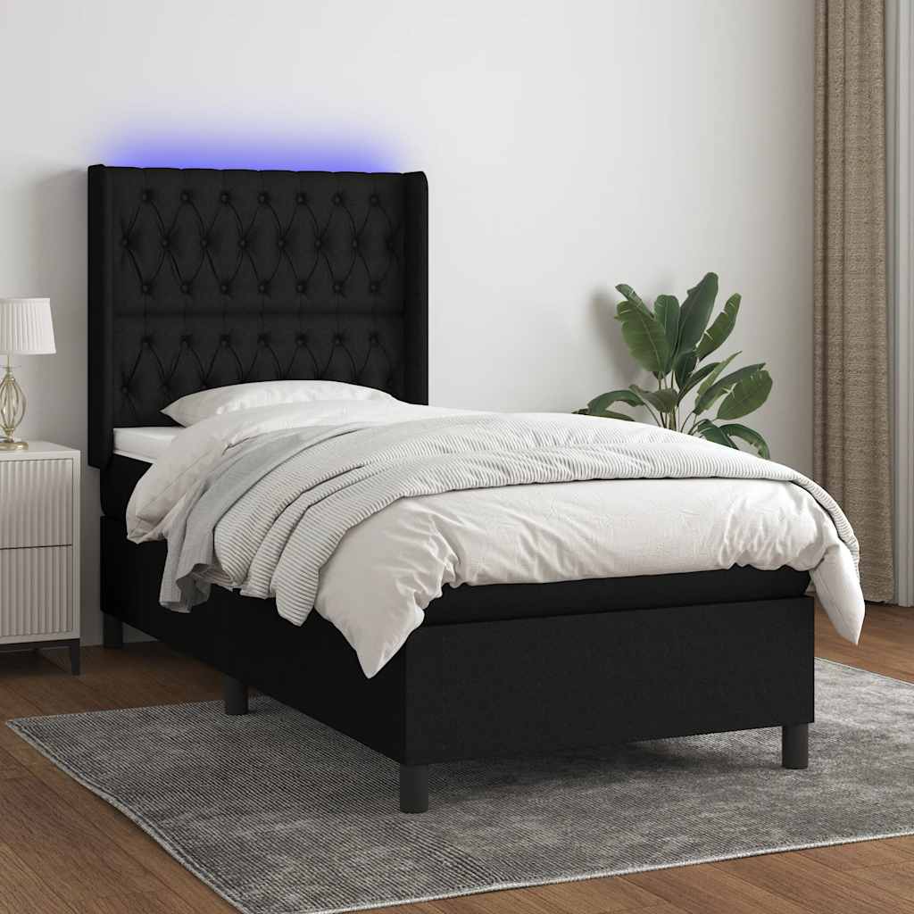 fekete szövet rugós és LED-es ágy matraccal 90x200 cm