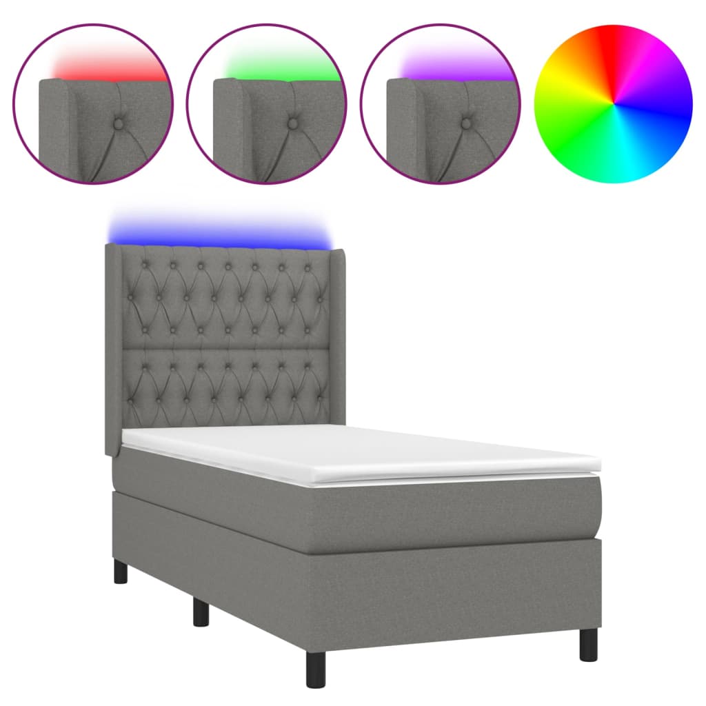 sötétszürke szövet rugós és LED-es ágy matraccal 100x200 cm