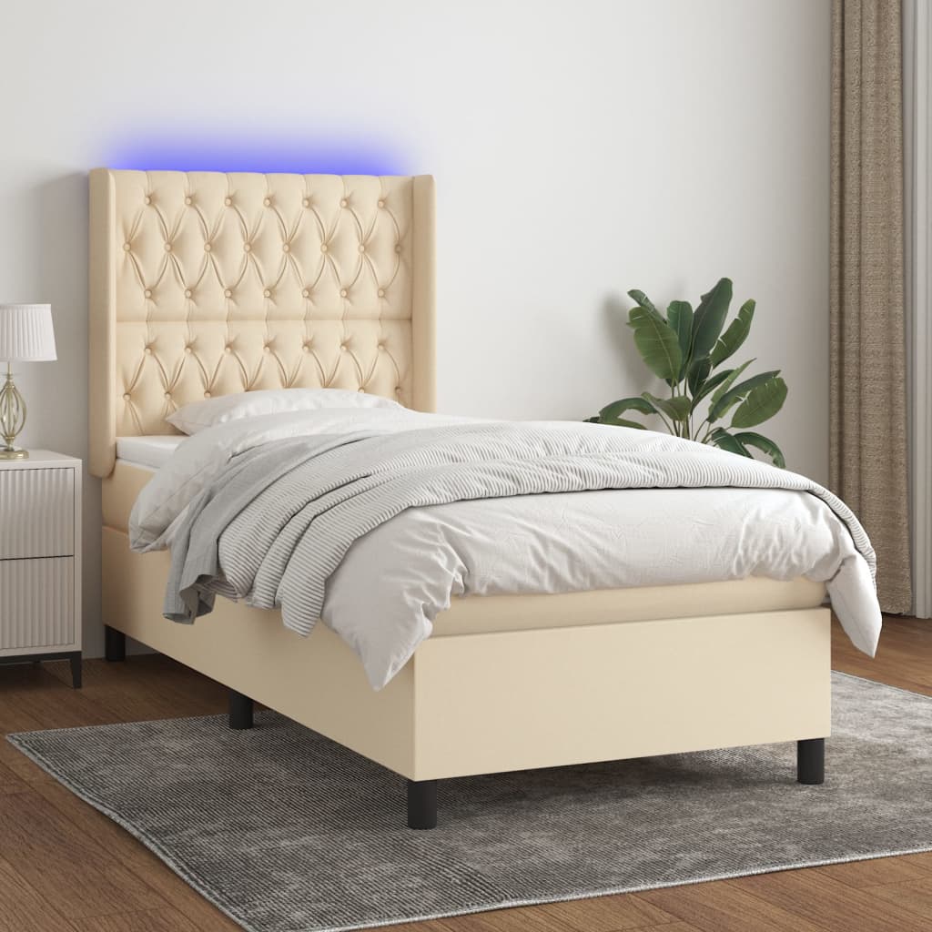 krémszínű szövet rugós és LED-es ágy matraccal 100x200 cm