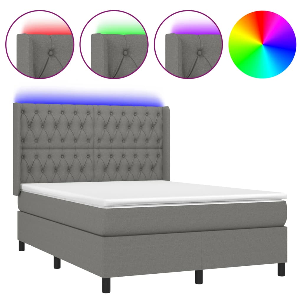 sötétszürke szövet rugós és LED-es ágy matraccal 140x190 cm