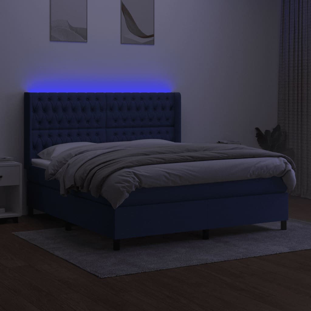 kék szövet rugós és LED-es ágy matraccal 160x200 cm