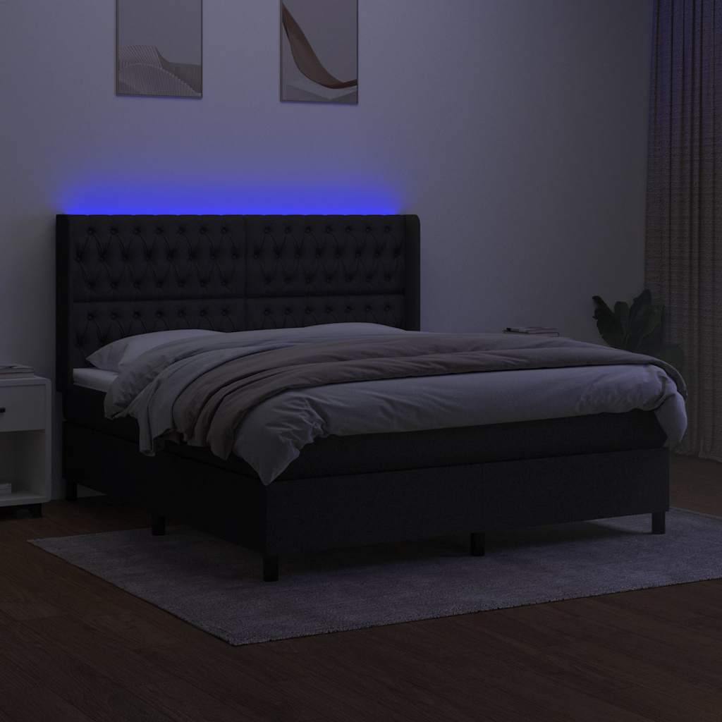 fekete szövet rugós és LED-es ágy matraccal 180 x 200 cm