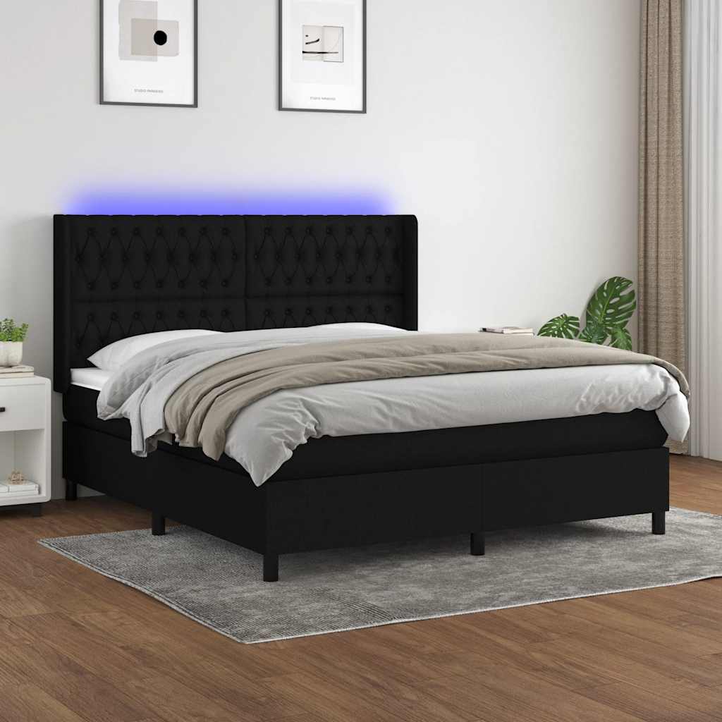 fekete szövet rugós és LED-es ágy matraccal 180 x 200 cm