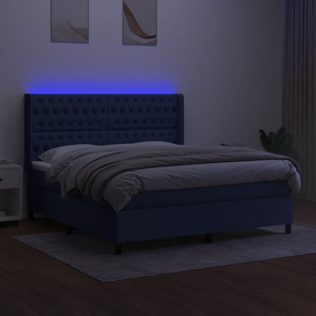 kék szövet rugós és LED-es ágy matraccal 180 x 200 cm