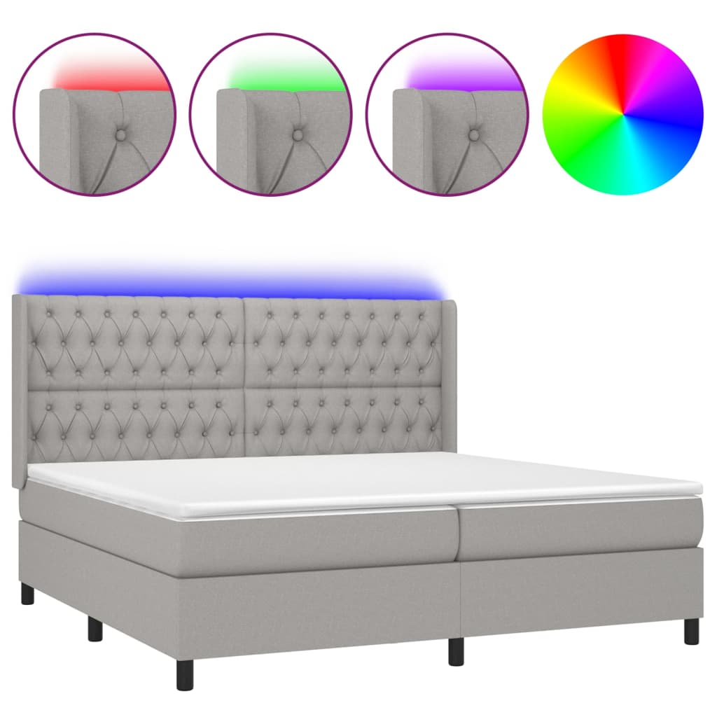 világosszürke szövet rugós és LED-es ágy matraccal 200x200 cm