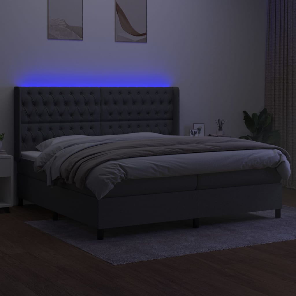 sötétszürke szövet rugós és LED-es ágy matraccal 200x200 cm