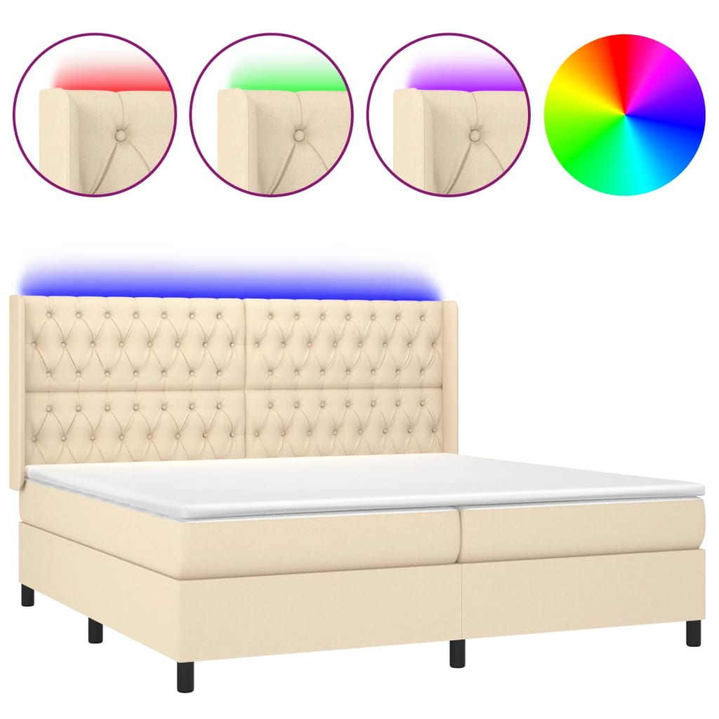 krémszínű szövet rugós és LED-es ágy matraccal 200 x 200 cm