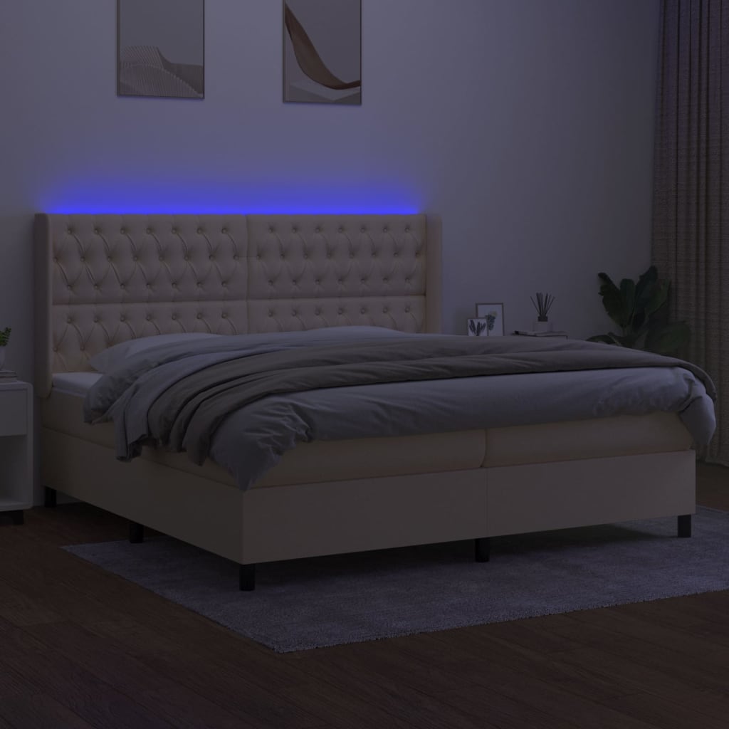 krémszínű szövet rugós és LED-es ágy matraccal 200 x 200 cm
