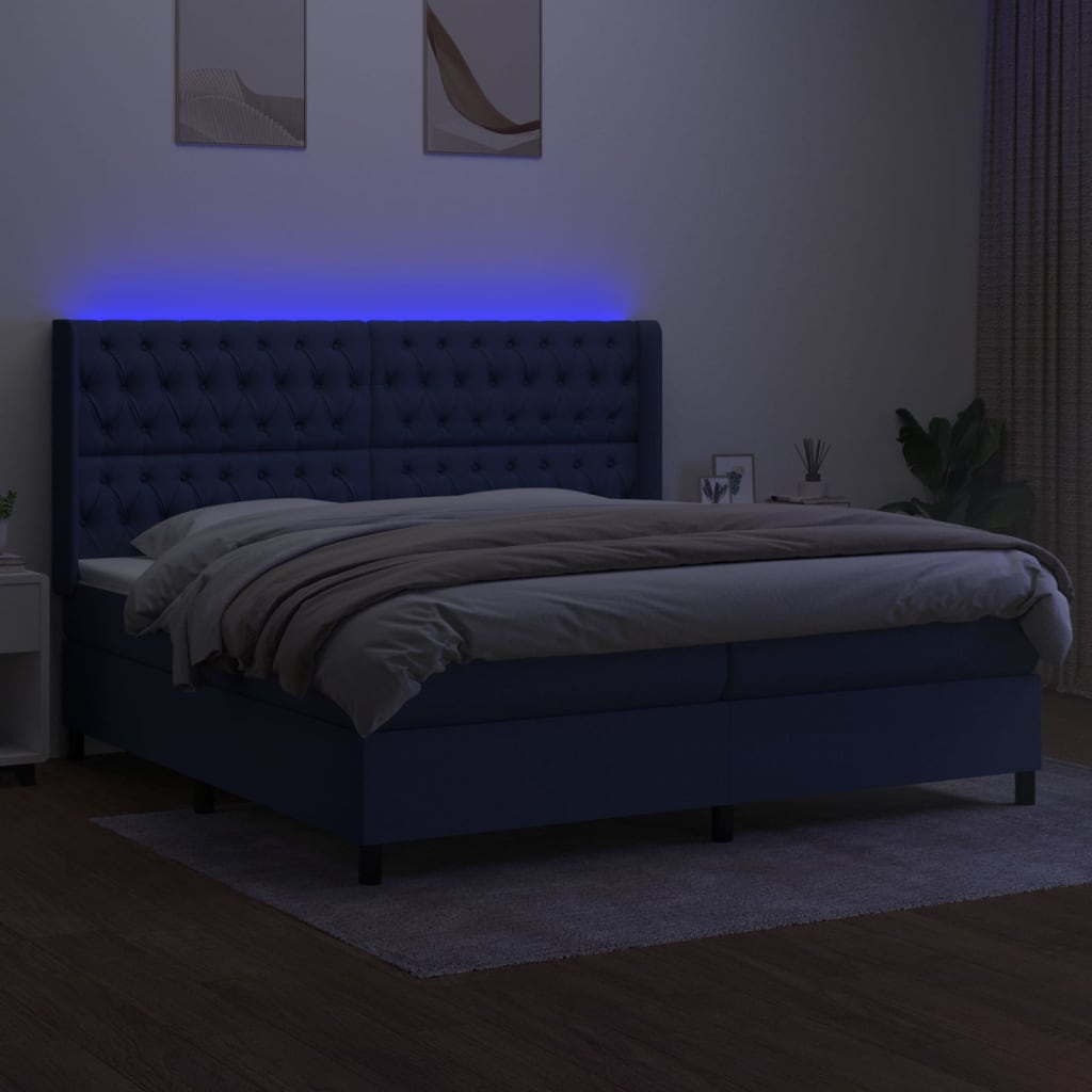 kék szövet rugós és LED-es ágy matraccal 200 x 200 cm