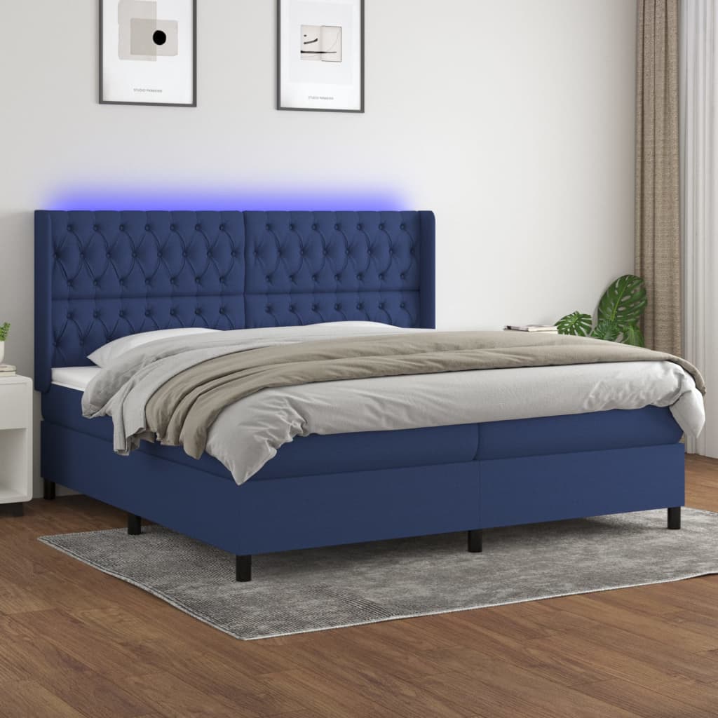 kék szövet rugós és LED-es ágy matraccal 200 x 200 cm
