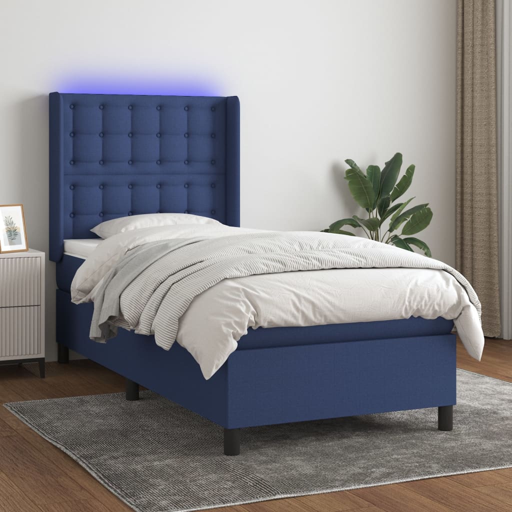 kék szövet rugós és LED-es ágy matraccal 90x190 cm