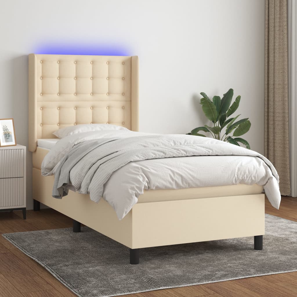 krémszínű szövet rugós és LED-es ágy matraccal 90x200 cm