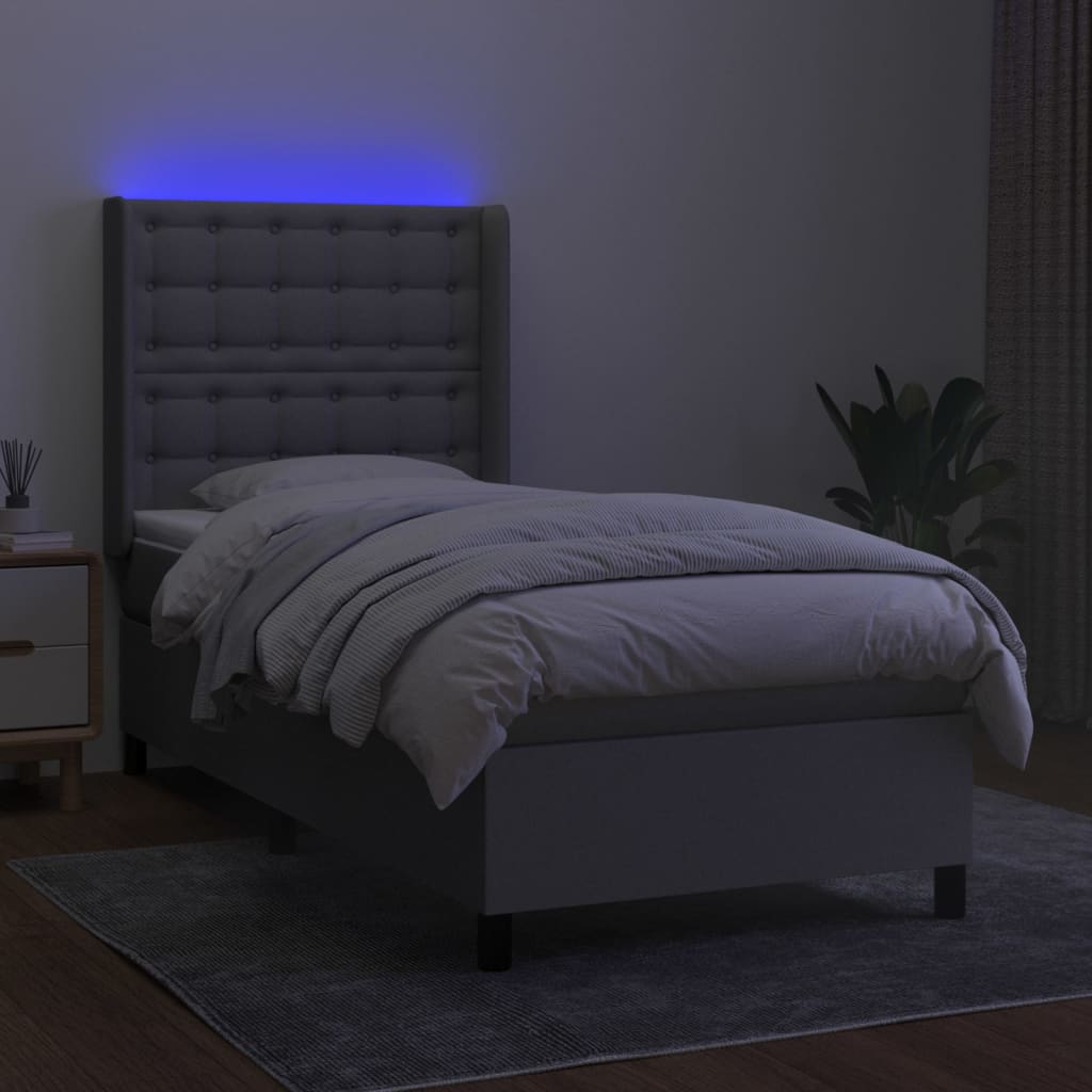 világosszürke szövet rugós és LED-es ágy matraccal 100x200 cm